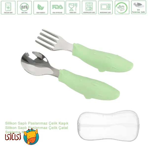 ست قاشق و چنگال بچگانه استیل دسته سیلیکونی jojobebek مدل ماهی جعبه دار (سبز)